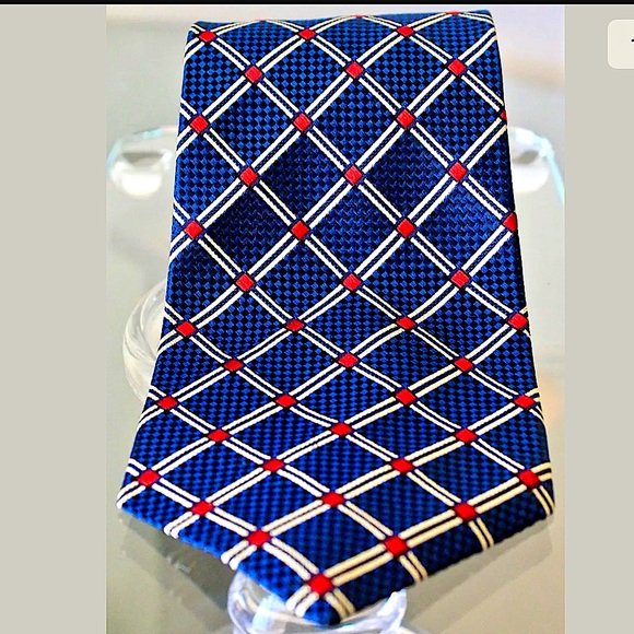 PAUL FREDRICK MENS TIE NAVY CREAM SILK VINTAGE - Picture 1 of 8